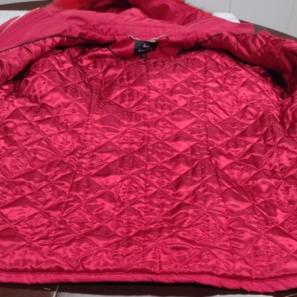 Dennis Basso Red Hooded Puffer Coat with Fur Trim - Picture 15 of 16